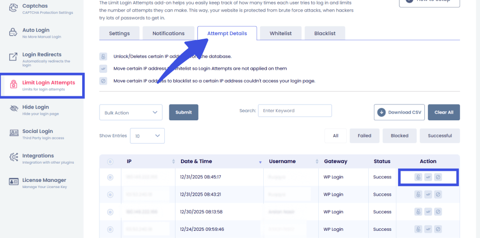 Login attempts details Login attempt details in loginpress