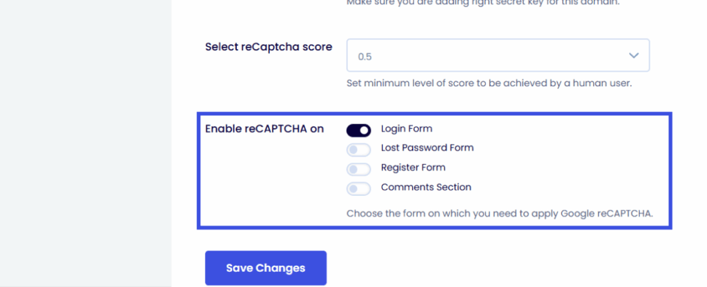 Enable captcha on all forms to secure wordpress user registration