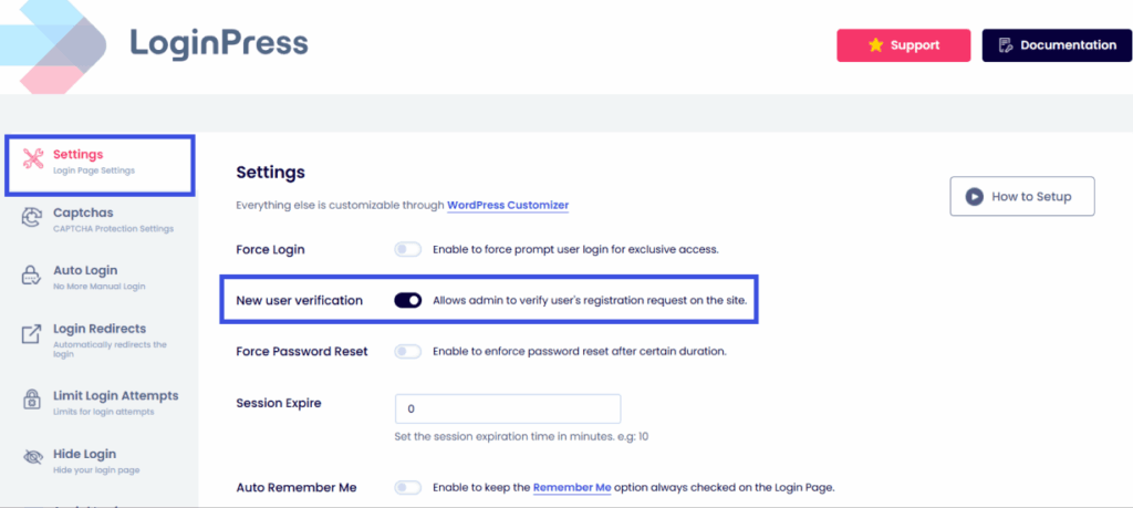 New user verification option in loginpress for login security for membership sites