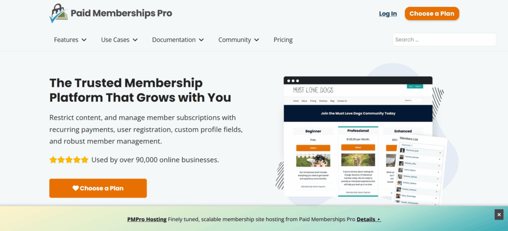 Paid Membership Pro plugin for membership management 
