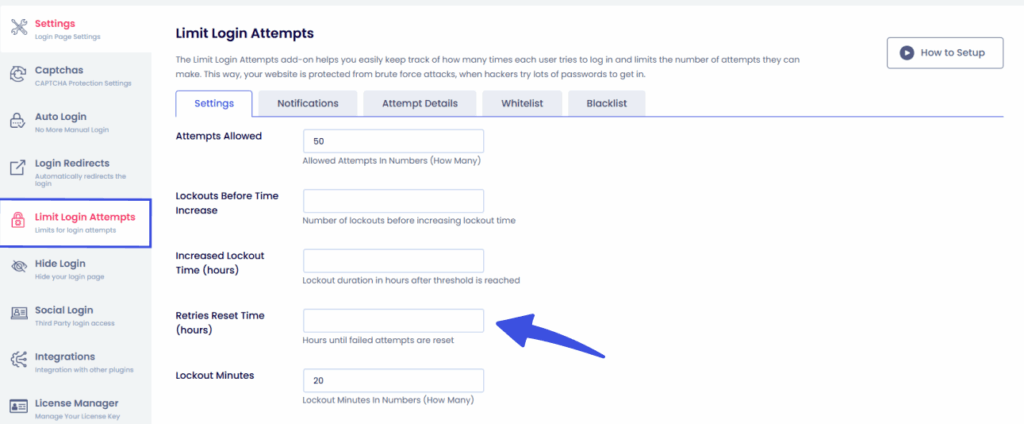 Retries reset time option in loginpress