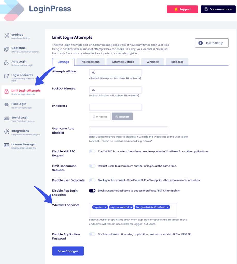 Whitelist endpoints option in loginpress