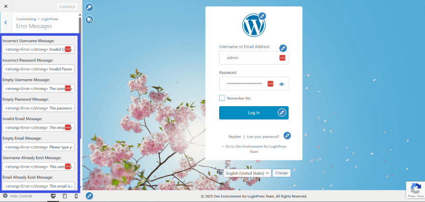 Custom error messages on login pages using loginpress