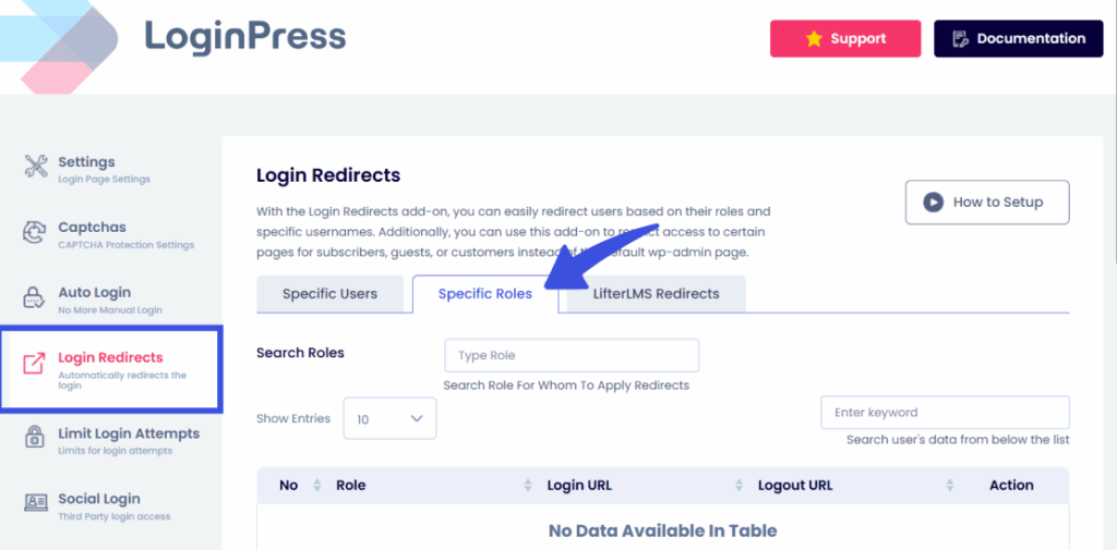 Go to specific roles tab Go to specific roles tab in login redirects option
