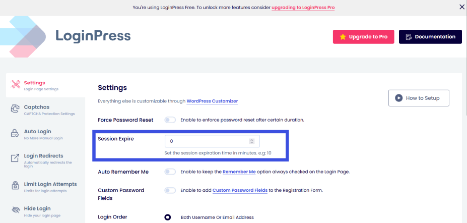 Enable session expire option Enable session expire option in loginpess to restrict user login time in WordPress