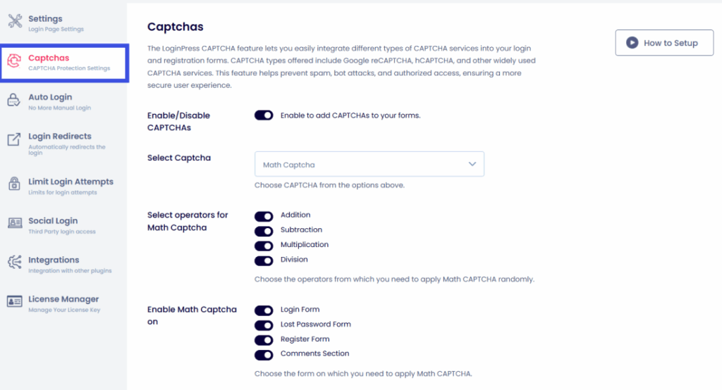 Go to captchas option Go to captcha option in loginpress