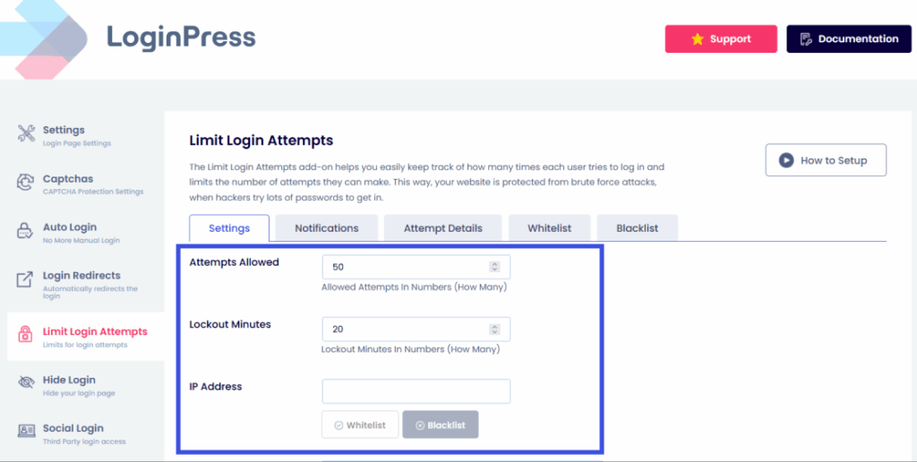 Limit login attempts option Limit login attempts using loginpress