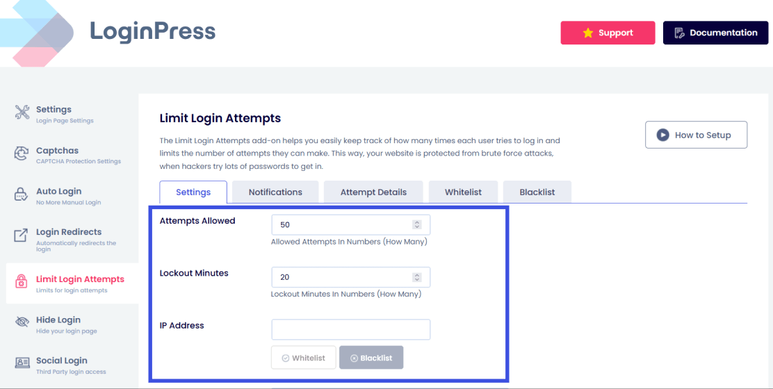 Limit login attempts option Limit login attempts using loginpress