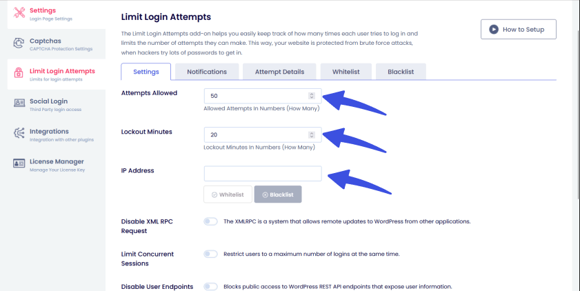 Limit login attempts options Limit login attempt options in loginpress