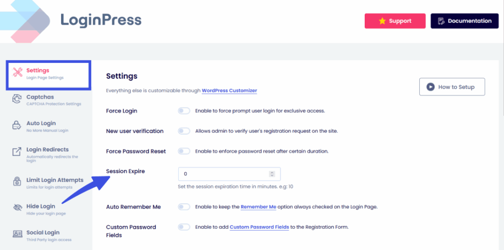 Navigate to loginpress settings to access the session expiry option