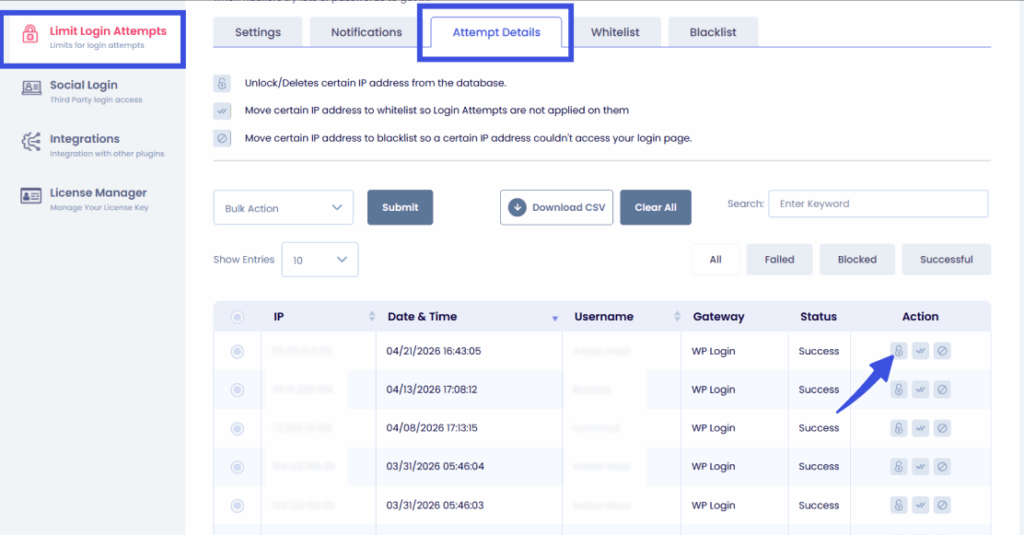 Unlock ip address manually Unlock ip address in limit login attempts option