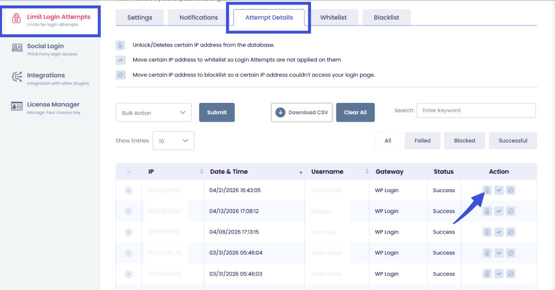 Unlock ip address manually Unlock ip address in limit login attempts option