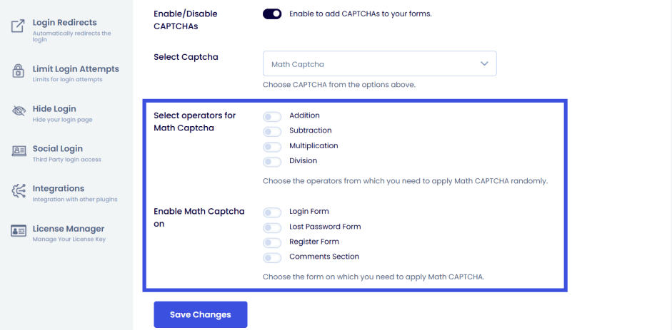 options to enable math captcha Math captcha options in loginpress
