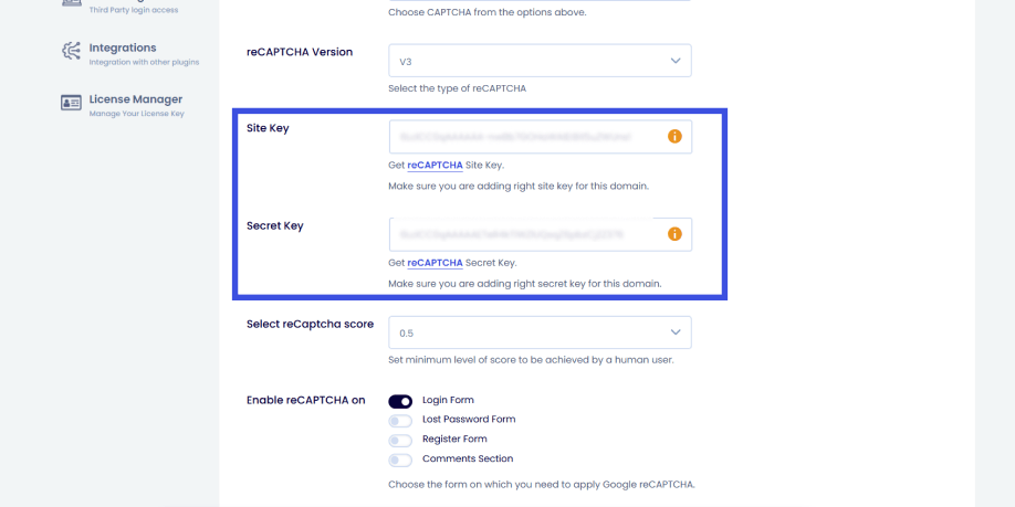 Screen shows user adding site and secret key in loginpress captcha option