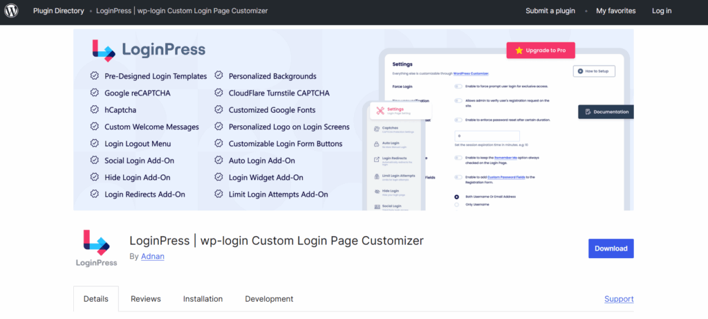 Screen shows how to download loginpress from wordpress.org