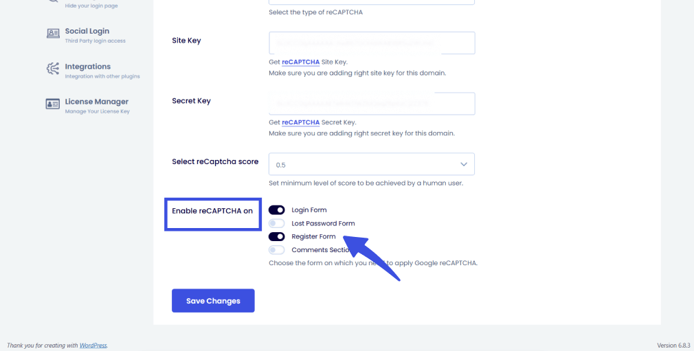 Screen shows how to enable captcha on suitable forms using loginpress