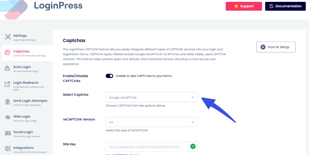 LoginPress settings page for enabling Google reCAPTCHA.