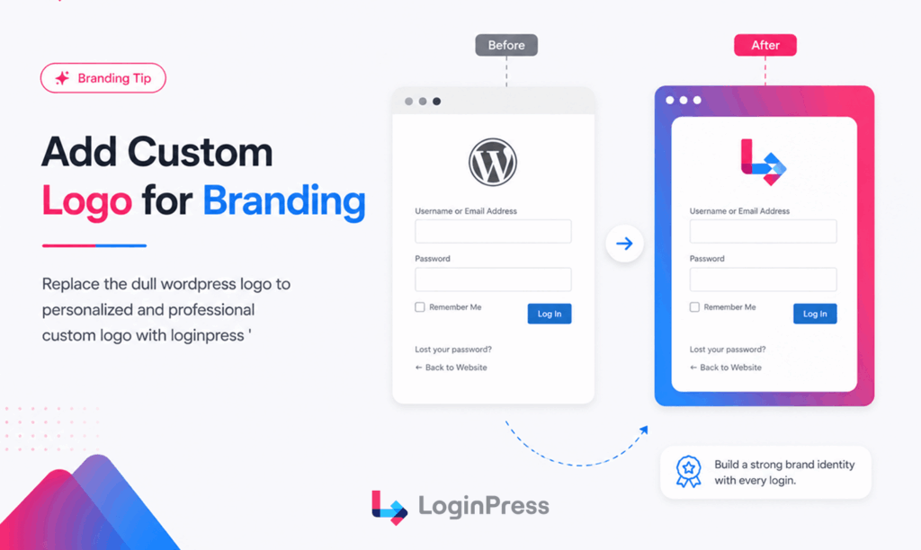 Visual before and after comparison of branded login pages.