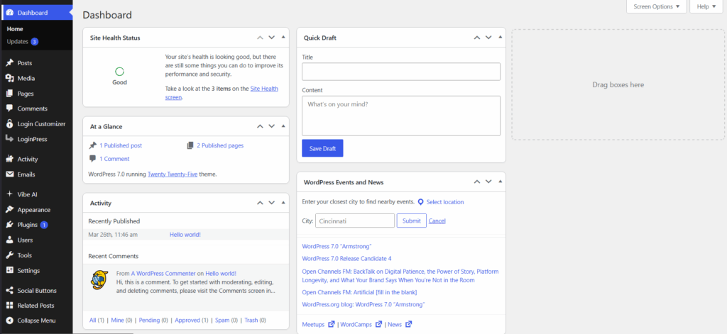 Wordpress dashboard Wordpress dashboard with admin settings