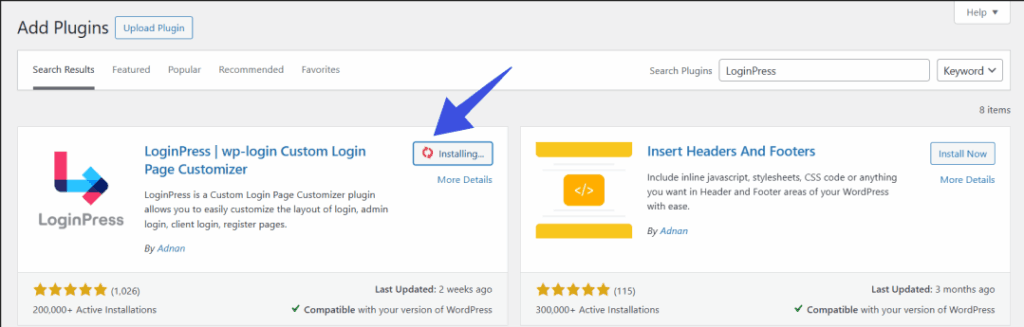 Activate and install loginpress Activate and install loginpress for login customization