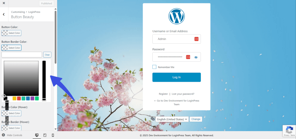 Custom button options in loginpress Customized button designing option in loginpress customizer