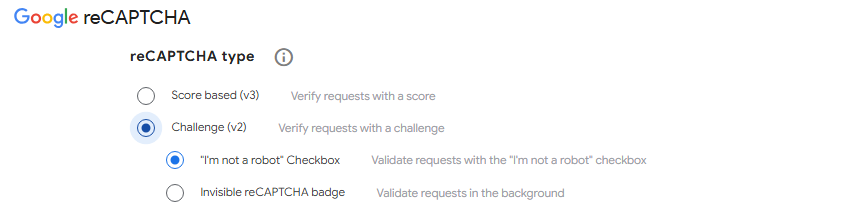Google recaptcha type Akismet vs reCAPTCHA — selecting the reCAPTCHA type, v2 or v3, in the Google reCAPTCHA admin console