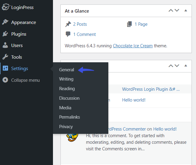 WordPress General Settings screen with the WordPress Address and Site Address fields