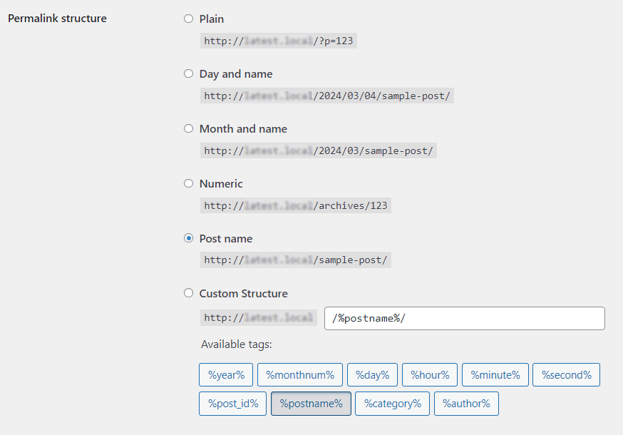 Permalink structure options on the WordPress Permalinks settings screen