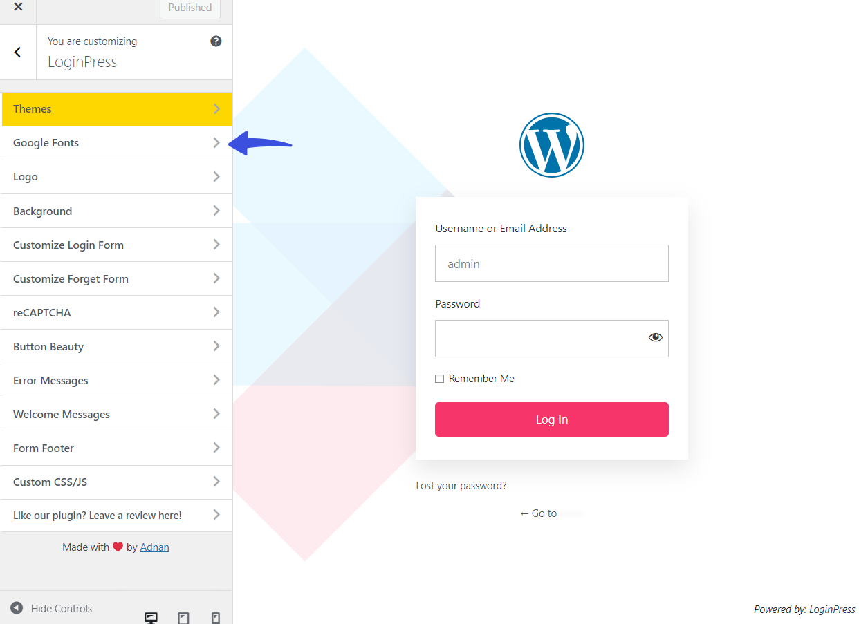 how to add google fonts to wordpress 03 loginpress customizer menu with the google fonts LoginPress Customizer menu with the Google Fonts option selected