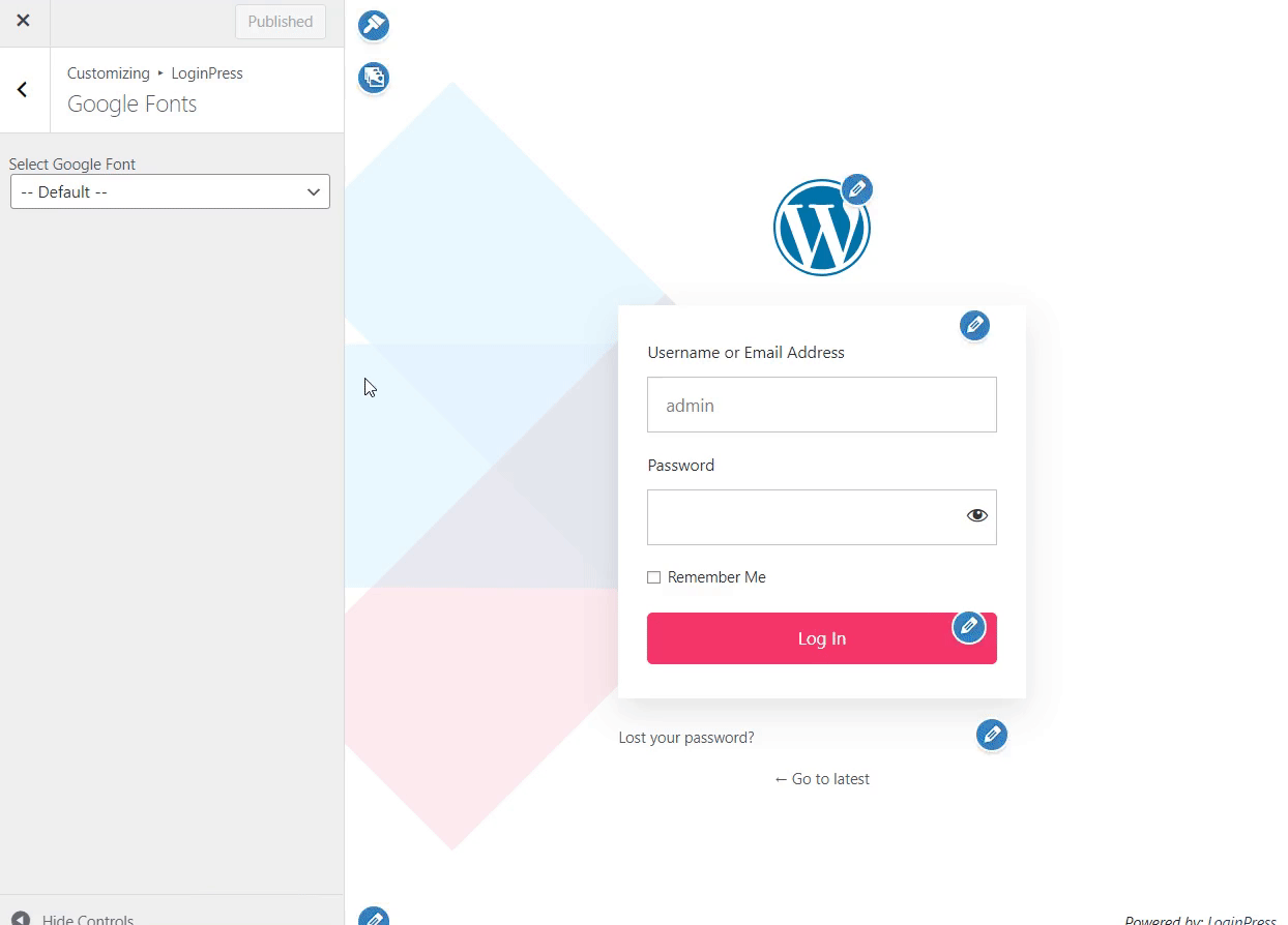 how to add google fonts to wordpress 04 animated demo of choosing a google font for the Animated demo of choosing a Google Font for the WordPress login page in the LoginPress Customizer