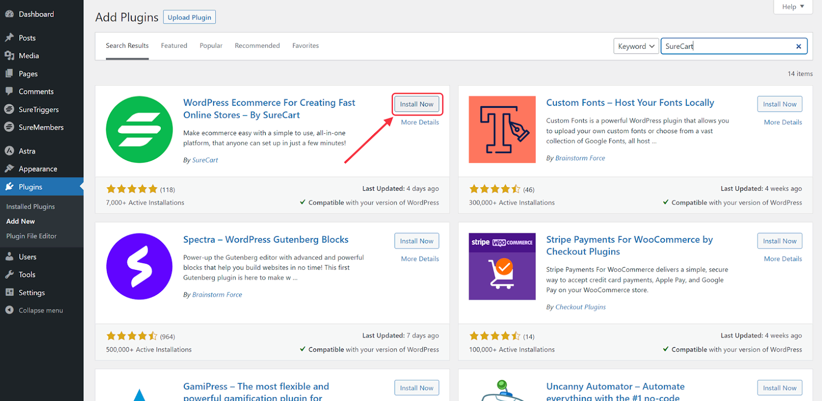 how to sell on wordpress without woocommerce 01 surecart plugin in the wordpress add plugins scr SureCart plugin in the WordPress Add Plugins screen with the Install Now button