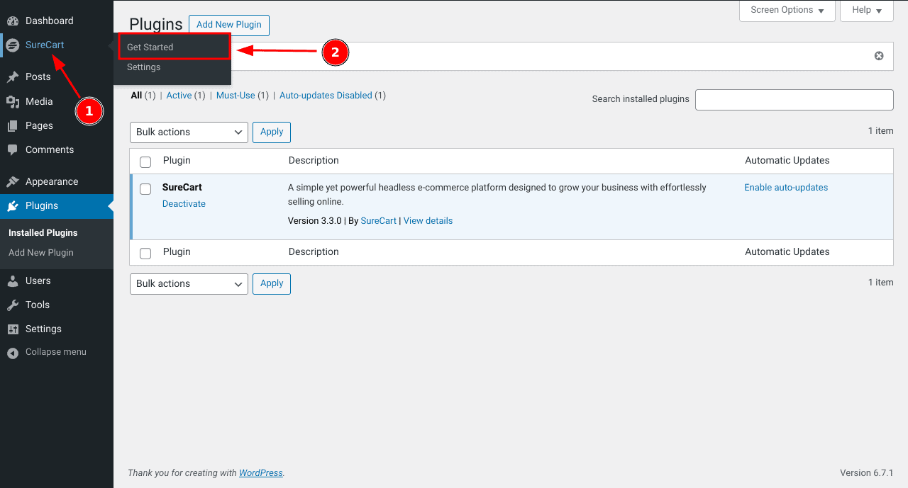 how to sell on wordpress without woocommerce 02 surecart menu in the wordpress sidebar with the SureCart menu in the WordPress sidebar with the Get Started option