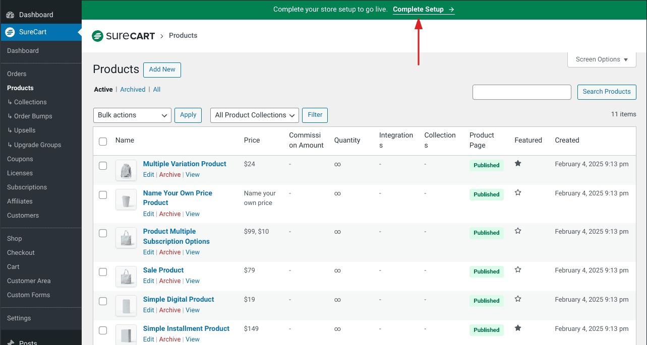 how to sell on wordpress without woocommerce 05 surecart dashboard with the green complete setup SureCart dashboard with the green Complete Setup banner