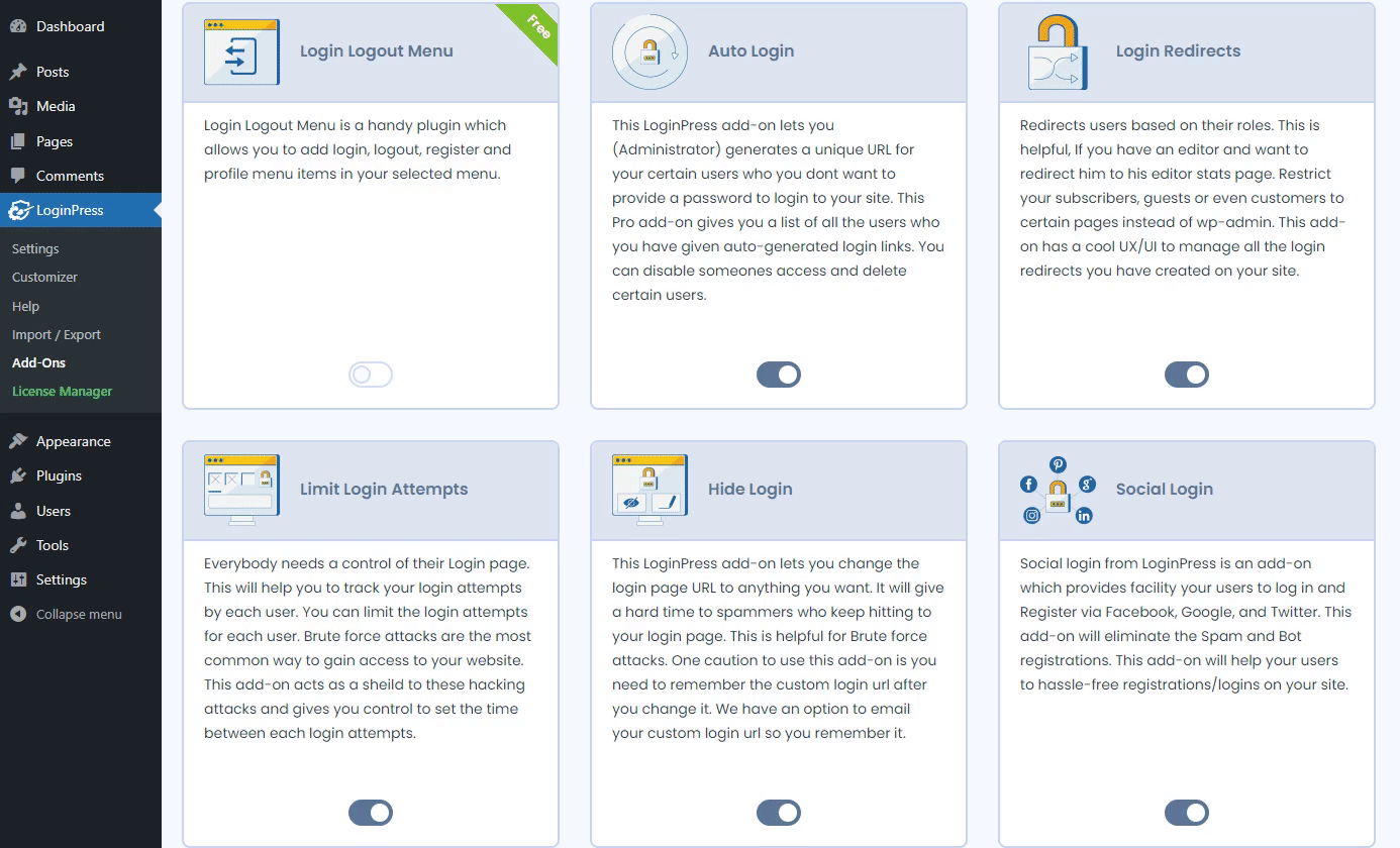 Animated view of LoginPress add-ons managed from inside LoginPress Pro 3.0