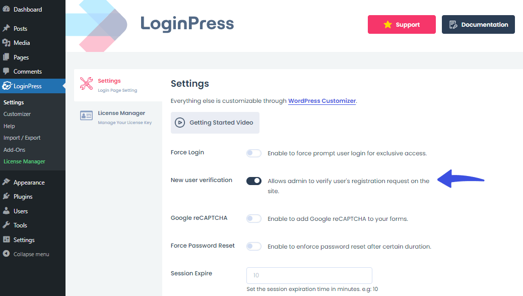 LoginPress New User Verification settings to approve or deny new registrations