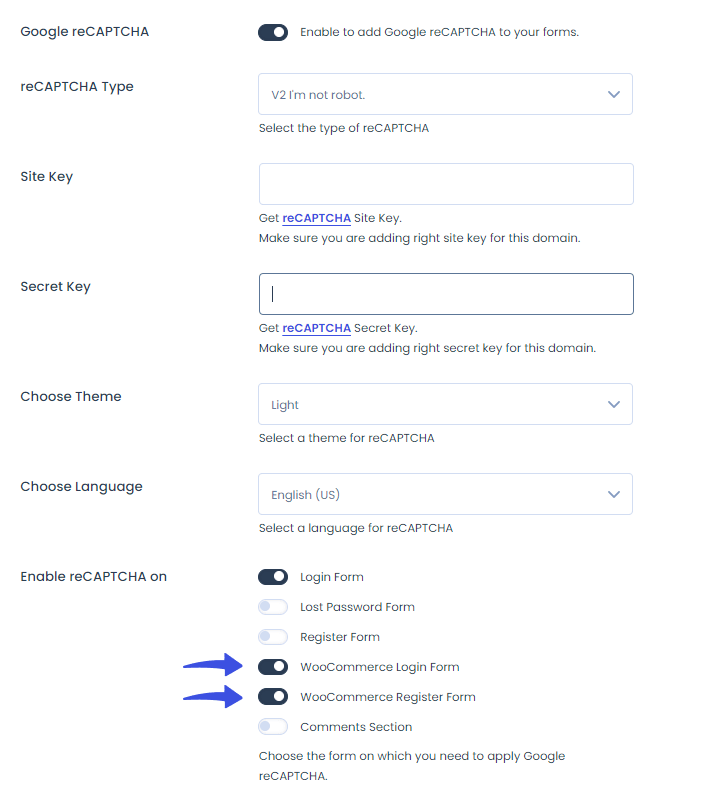 reCAPTCHA protecting the WooCommerce login and register forms with LoginPress