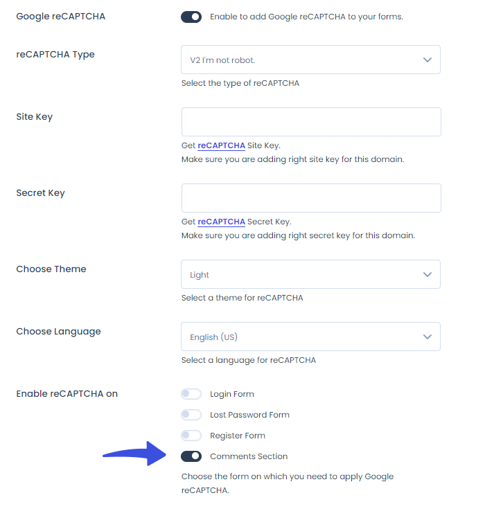 reCAPTCHA field in a WordPress comment form added by LoginPress