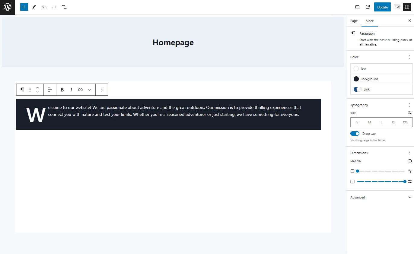 WordPress block editor homepage with a paragraph block selected